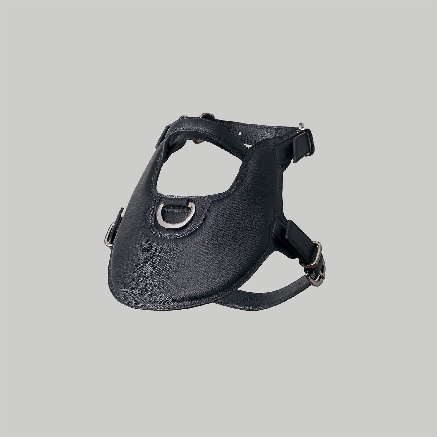 Luxury dog harness in black Saffiano leather with Ruthenium