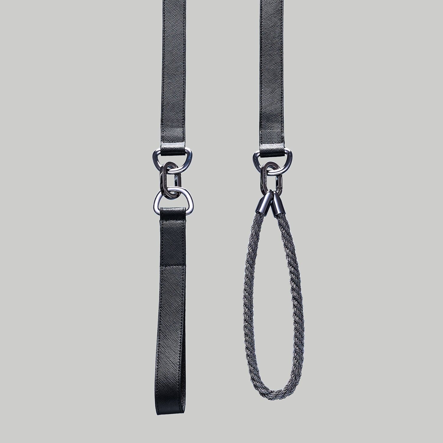 Luxury dog leash in black Saffiano leather with Ruthenium