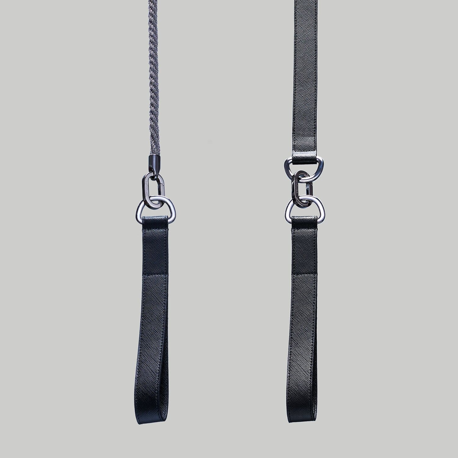 Dog leash handle in black Saffiano leather with Ruthenium