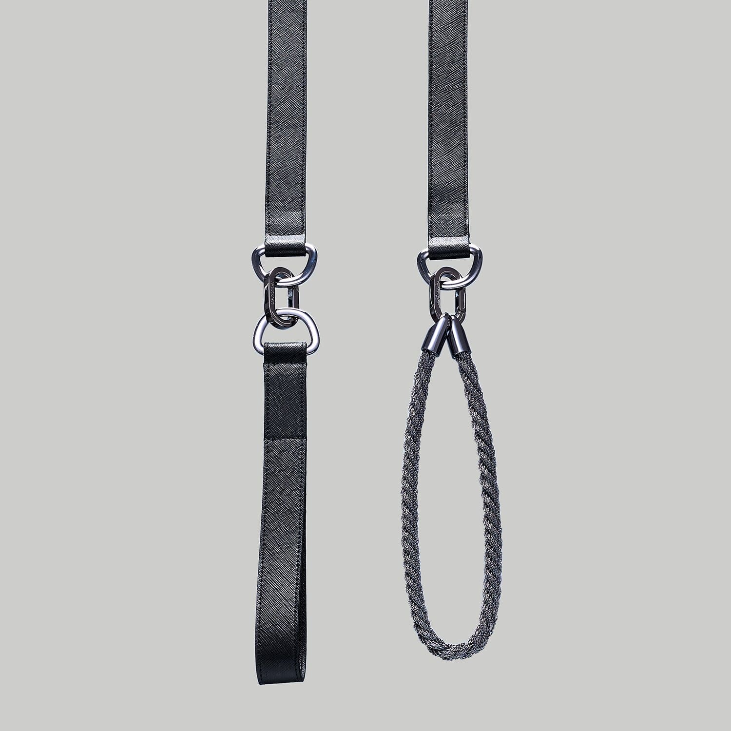 Dog leash in black Saffiano leather with Ruthenium